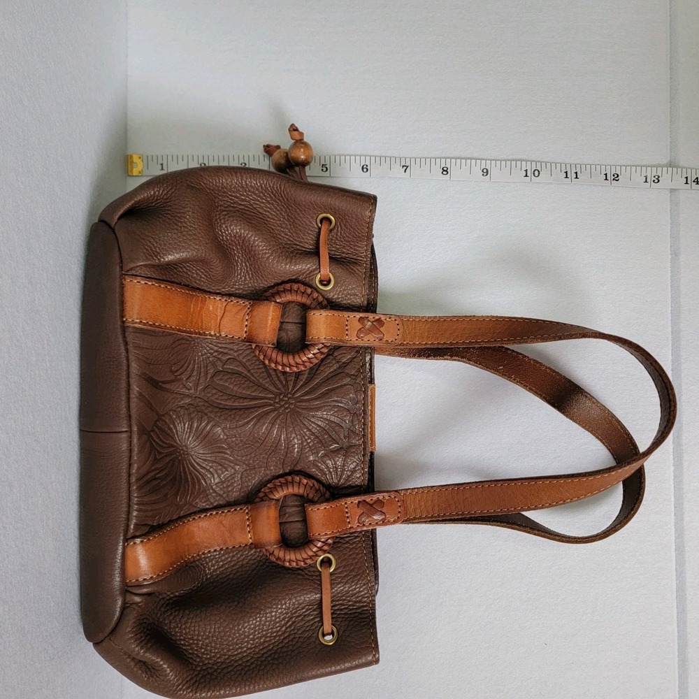 Fossil Brown Leather Floral Embossed Satchel with Tan Straps - Picture 13 of 13